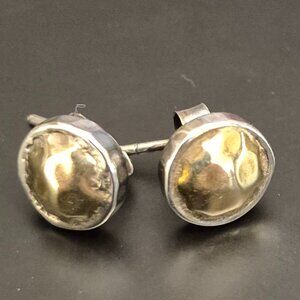 Sterling Silver & Hammered Brass Round Omega Back Earrings